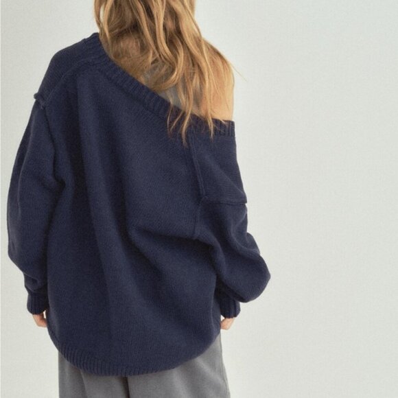 Zara | Oversized Pleated Sleeve Knit Cardigan In Navy - Picture 12 of 12